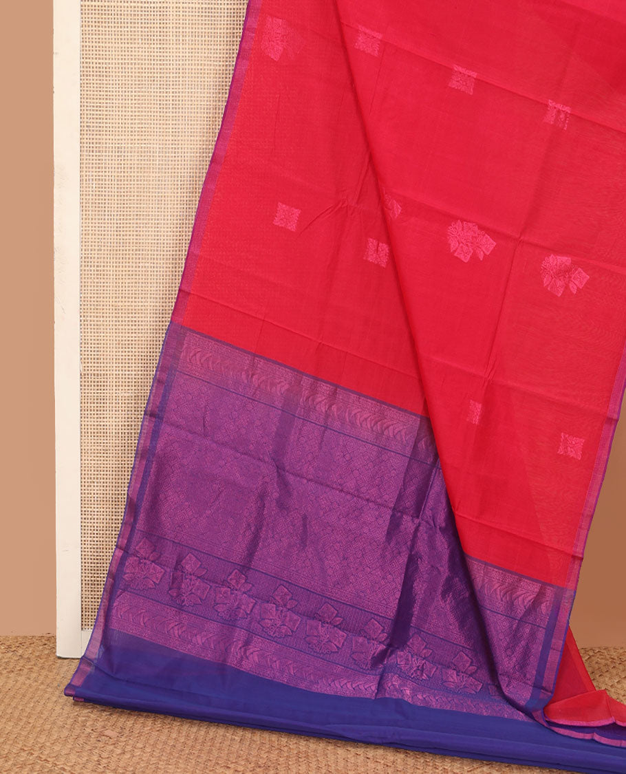 Borderless rose copper zari buttas silk cotton saree, piping zari border, and contrast pallu of intricate designs