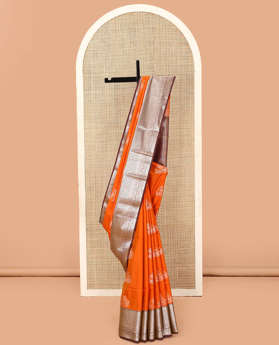 Orange tree buttas soft silk saree, contrast traditional zari design border, and floral design pallu