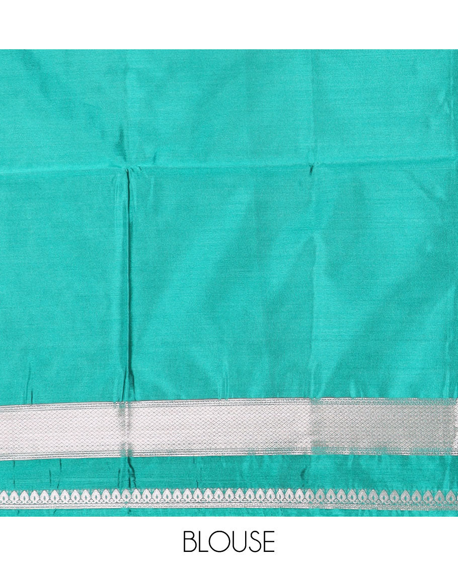 Grey zari buttas soft silk saree, contrast traditional zari border, and pallu of chevron design
