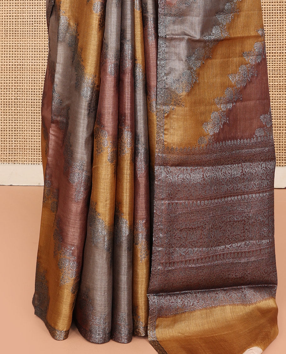 Borderless Multi-Color Tussar Silk Saree, Gleamed Up with Rankat-Style Diagonal Zari Stripes, Sparsely Woven Pallu, and a Matching Blouse