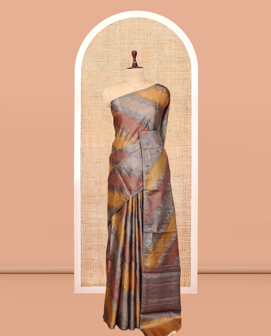 Borderless Multi-Color Tussar Silk Saree, Gleamed Up with Rankat-Style Diagonal Zari Stripes, Sparsely Woven Pallu, and a Matching Blouse