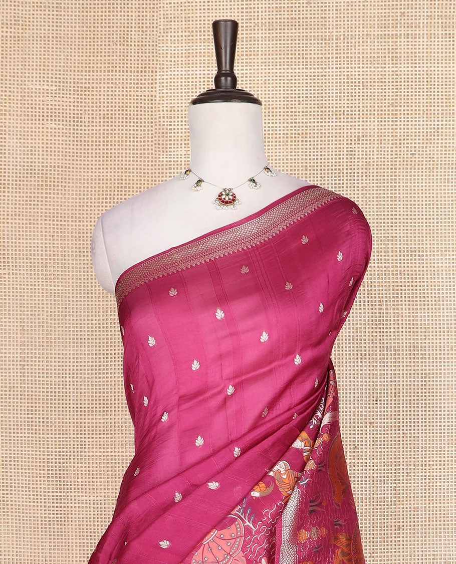 Maroon buttas, and dancing figurines, meenakari design Matka silk saree, traditional design border