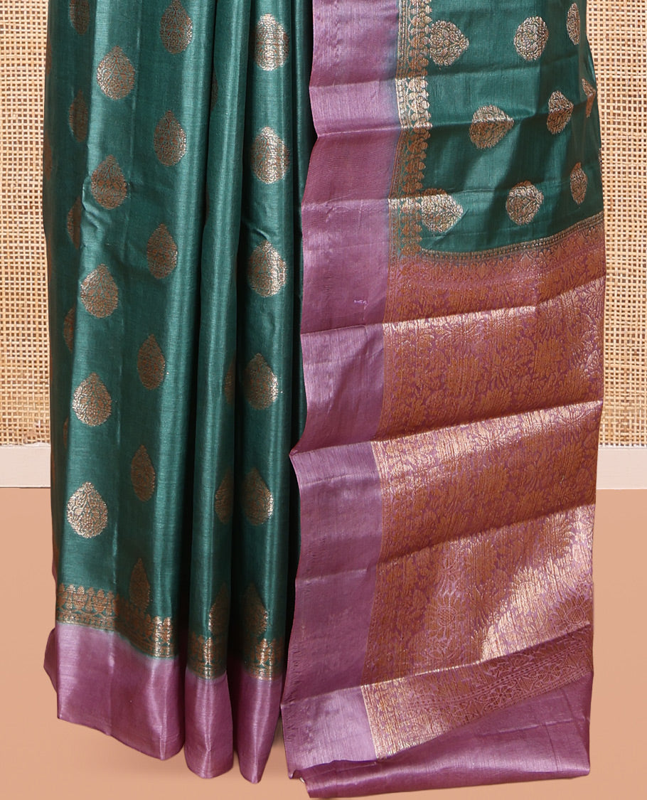 Green Tusser Silk Saree, Embellished with Zari Buttas, a Contrast Zari Border, Floral Design Pallu, and a Contrast Blouse