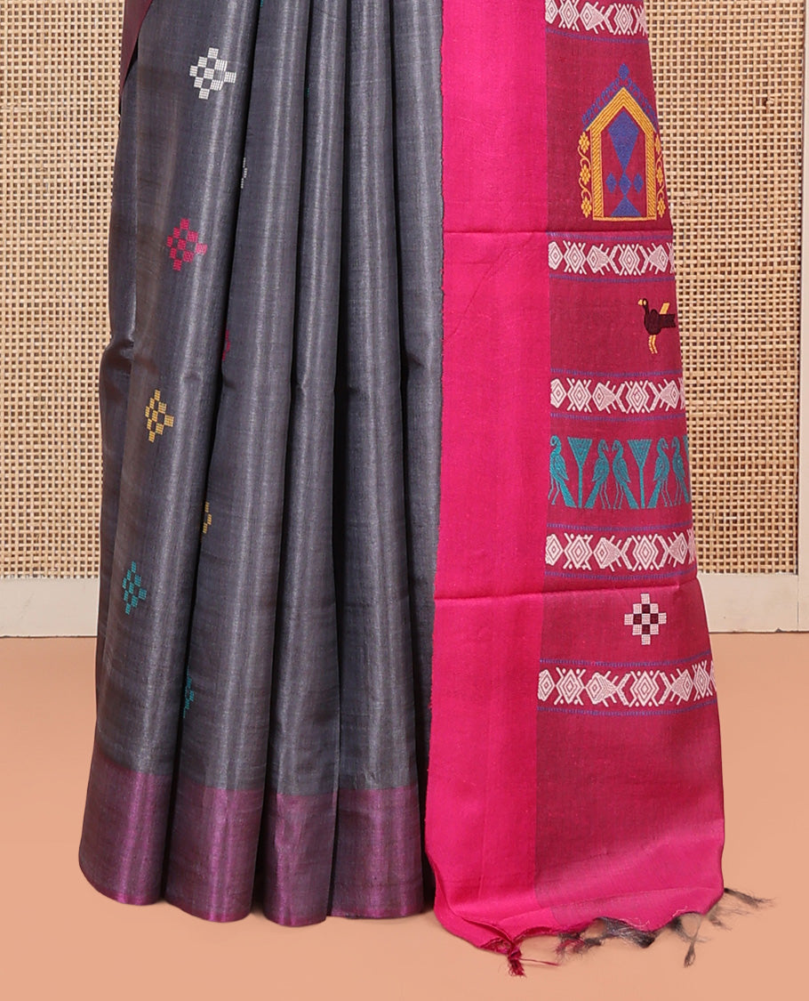 Grey Tussar Saree, Enthralled with Pasapalli Buttas, a Contrast Plain Border, Intricately Woven Pallu, and a Contrast Blouse