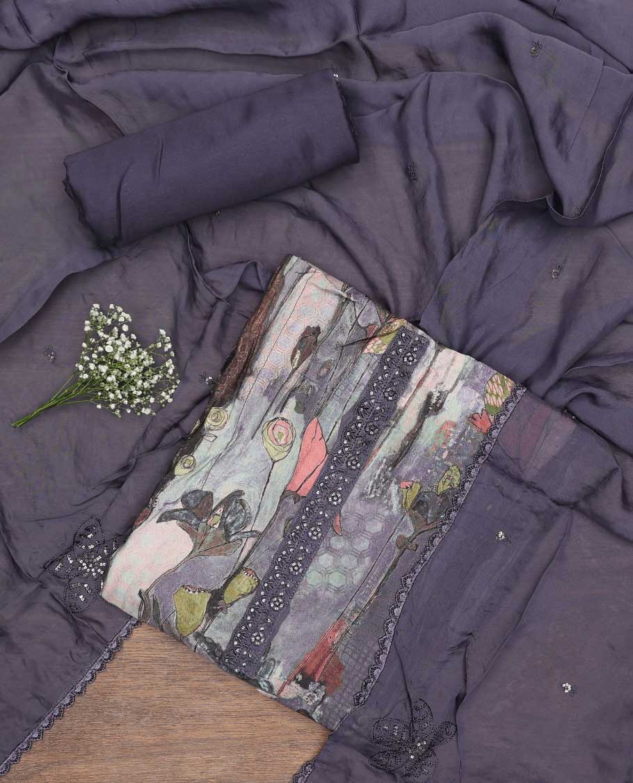 Violet chudidhar material set floral printed with sequins embroidery top, plain bottom & floral motif sequins embroidery scallop border dupatta