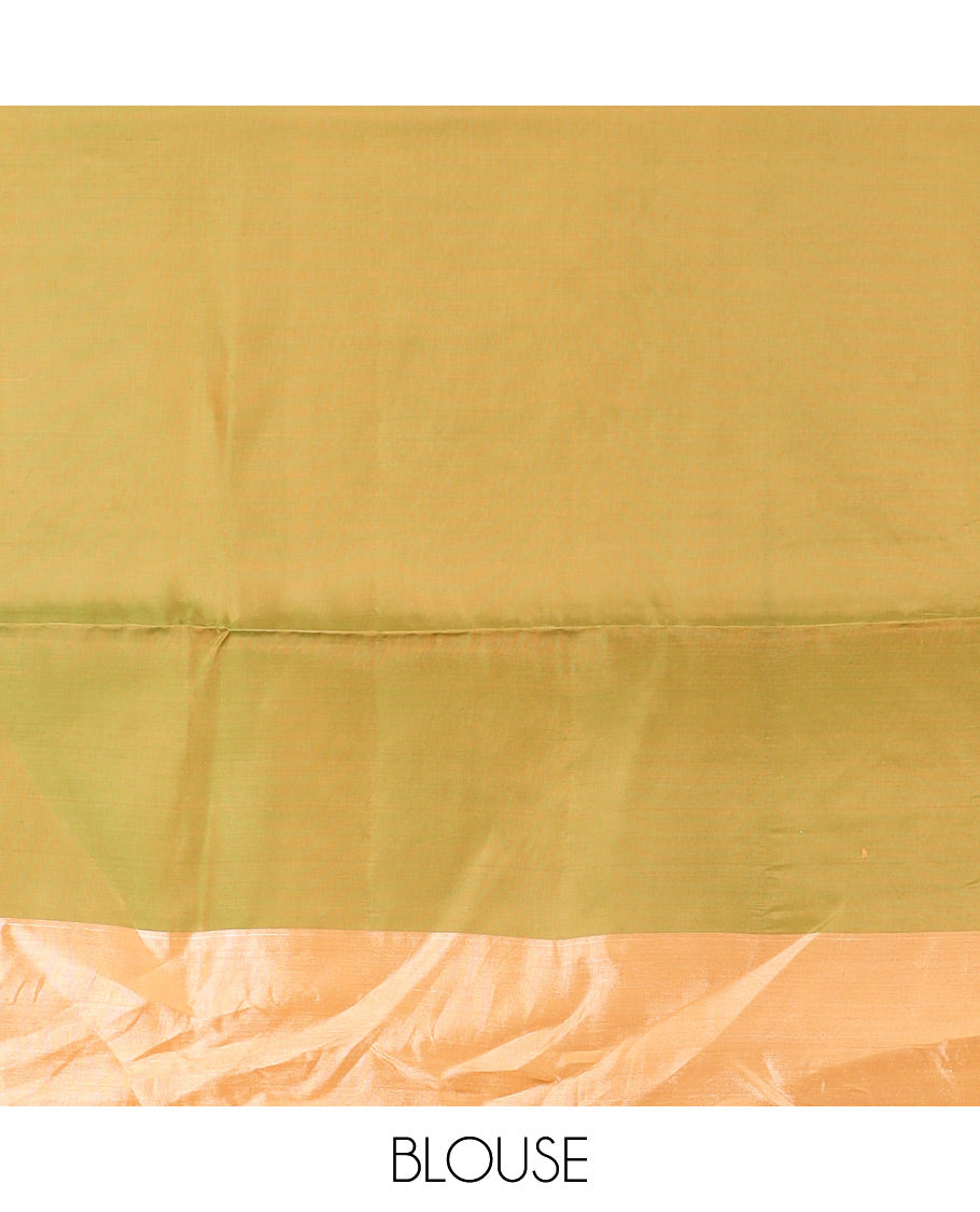 Orange Semi Uppada Saree Bedecked with Zari Buttas, Complemented by a Contrasting Bavanji Border, Pallu Featuring Paisley Butta Enclosed Circles, and Paired with a Contrast Blouse