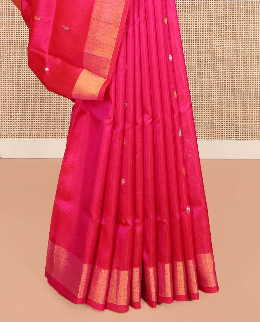 Pink Uppada Silk Saree, Detailed with Zari Buttas All Over Its Body, Highlighted by a Zari Bavanji Border, Pallu Steeped with Peacock Designs, and Paired with a Matching Blouse