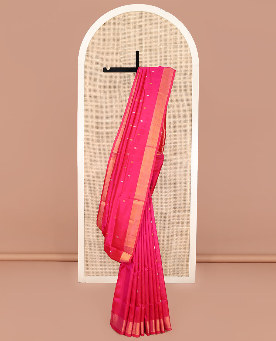 Pink Uppada Silk Saree, Detailed with Zari Buttas All Over Its Body, Highlighted by a Zari Bavanji Border, Pallu Steeped with Peacock Designs, and Paired with a Matching Blouse