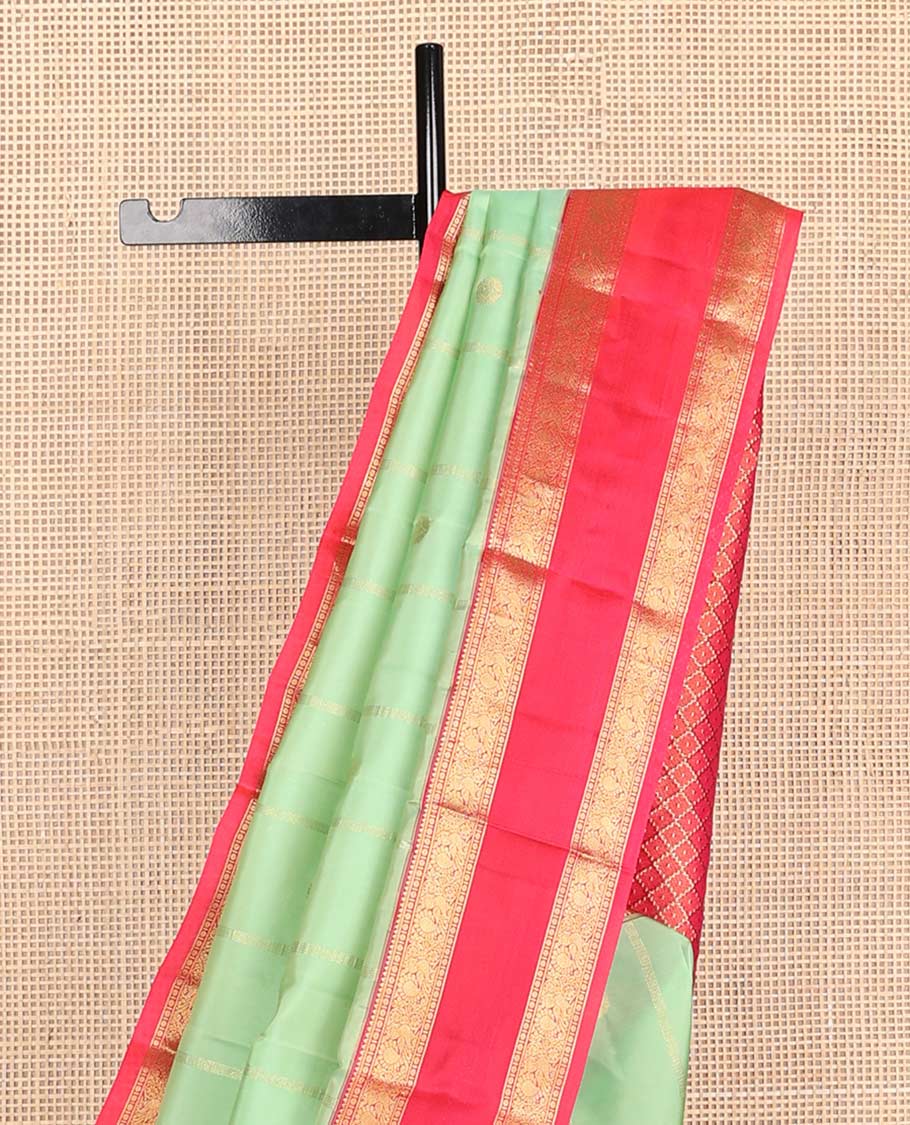 Pista green zari design Vasundhara silk mix saree, contrast rettai pettu border of rekku, poun & mayil & jaal pallu