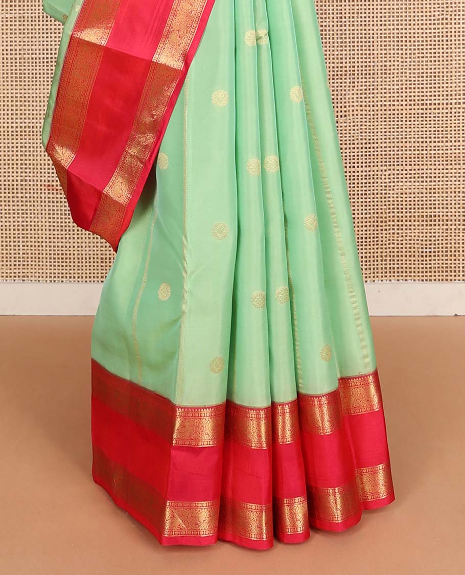 Pista green zari design Vasundhara silk mix saree, contrast rettai pettu border of rekku, poun & mayil & jaal pallu