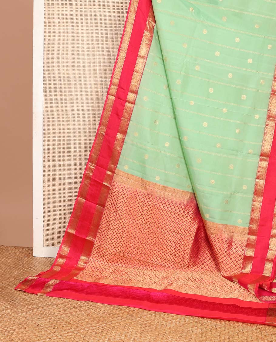 Pista green zari design Vasundhara silk mix saree, contrast rettai pettu border of rekku, poun & mayil & jaal pallu