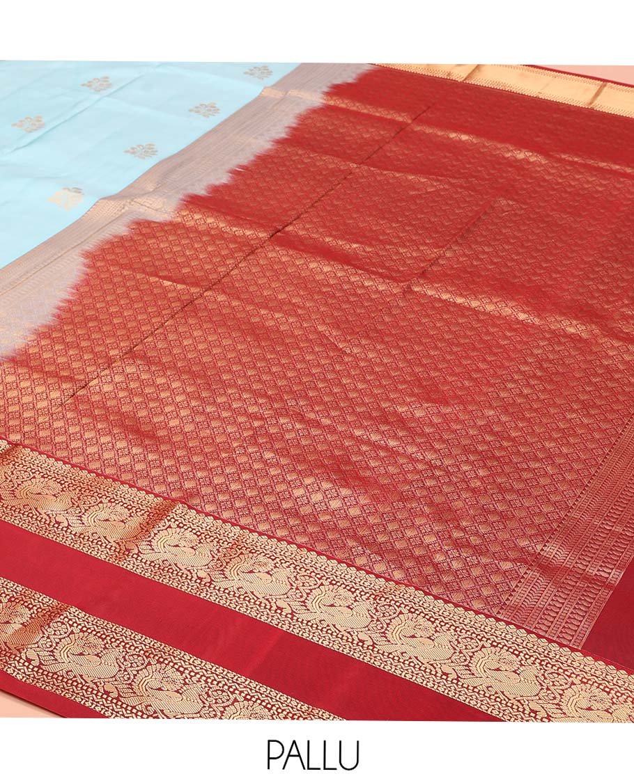 Blue Vasundhara Lite-Silk Mix Saree, Gleamed Up with Zari Buttas, Complemented by Contrast Rettai Pettu Border Featuring Diamond, Neli, Muthu, and Mayil Designs, Grandly Woven Pallu of Jaal Designs, and Paired with a Contrast Blouse