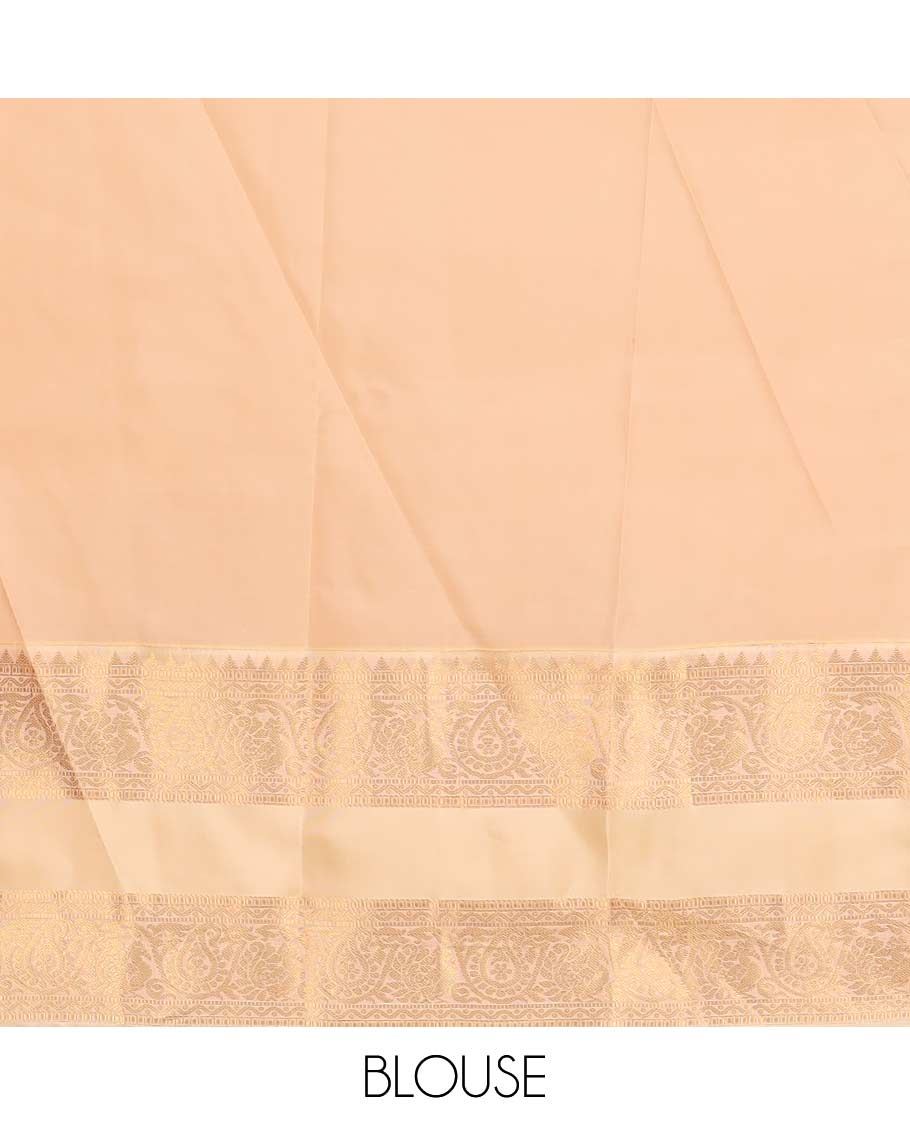 Green zari buttas Vasundhara silk mix saree, contrast rettai pettu border of rekku, muthu, neli, and manga designs, and ogee patterned pallu