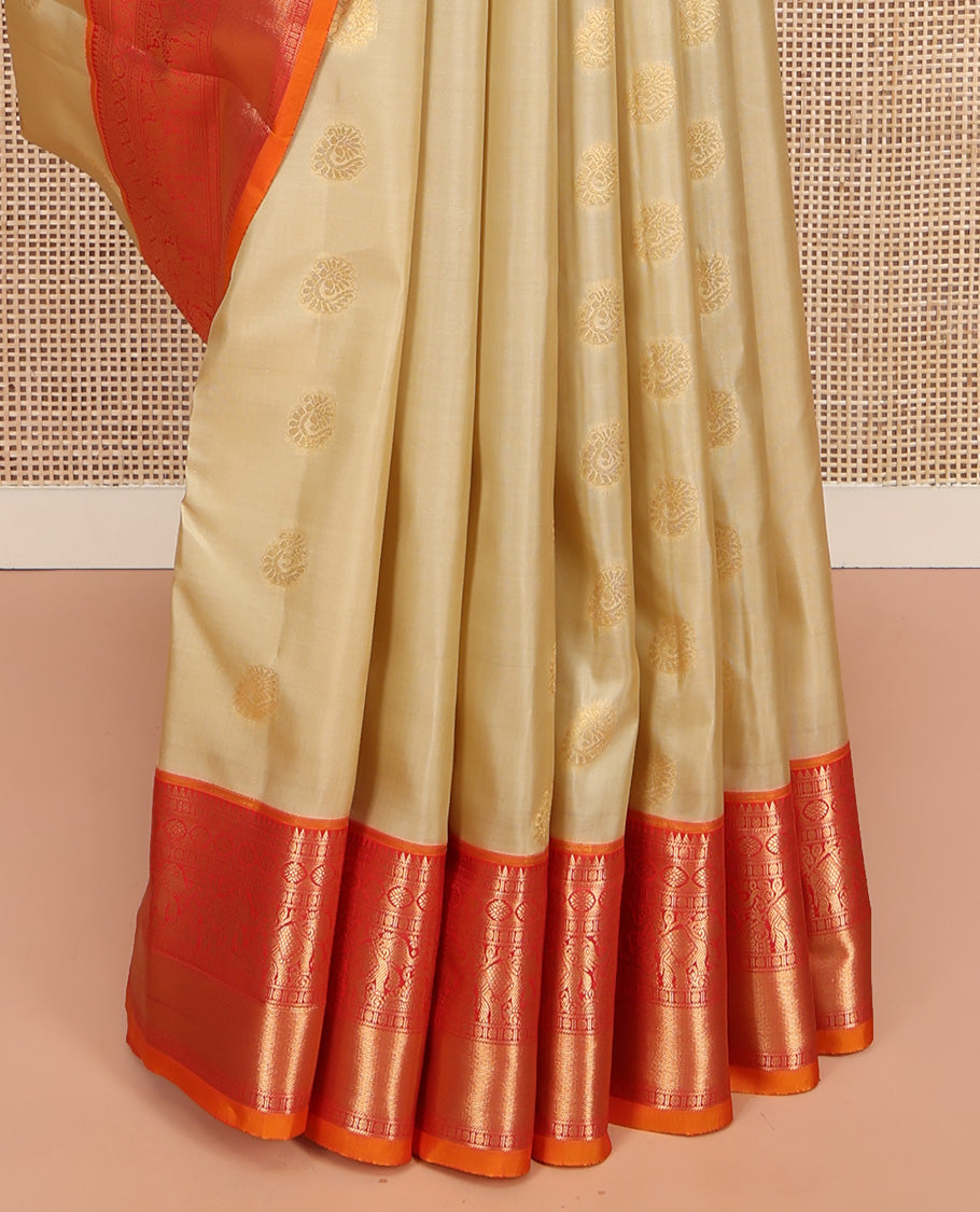 Sandal Vasundhara Lite Silk Mix Saree, Subtly Sparkled with Zari Buttas on Its Body, Complemented by a Contrast Border of Rekku, Rudraksham, Laddu Kamalam, Yaanai, and Mayil Kann Designs, Grand Jaal Pallu, and Paired with a Contrast Blouse