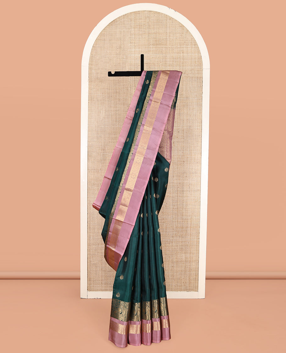 Green Zari-Buttas Vasundhara Lite-Silk Mix Saree, Complemented by a Contrast Traditional Zari Kal Eragina Border, Grand Jaal Pallu, and a Contrast Blouse