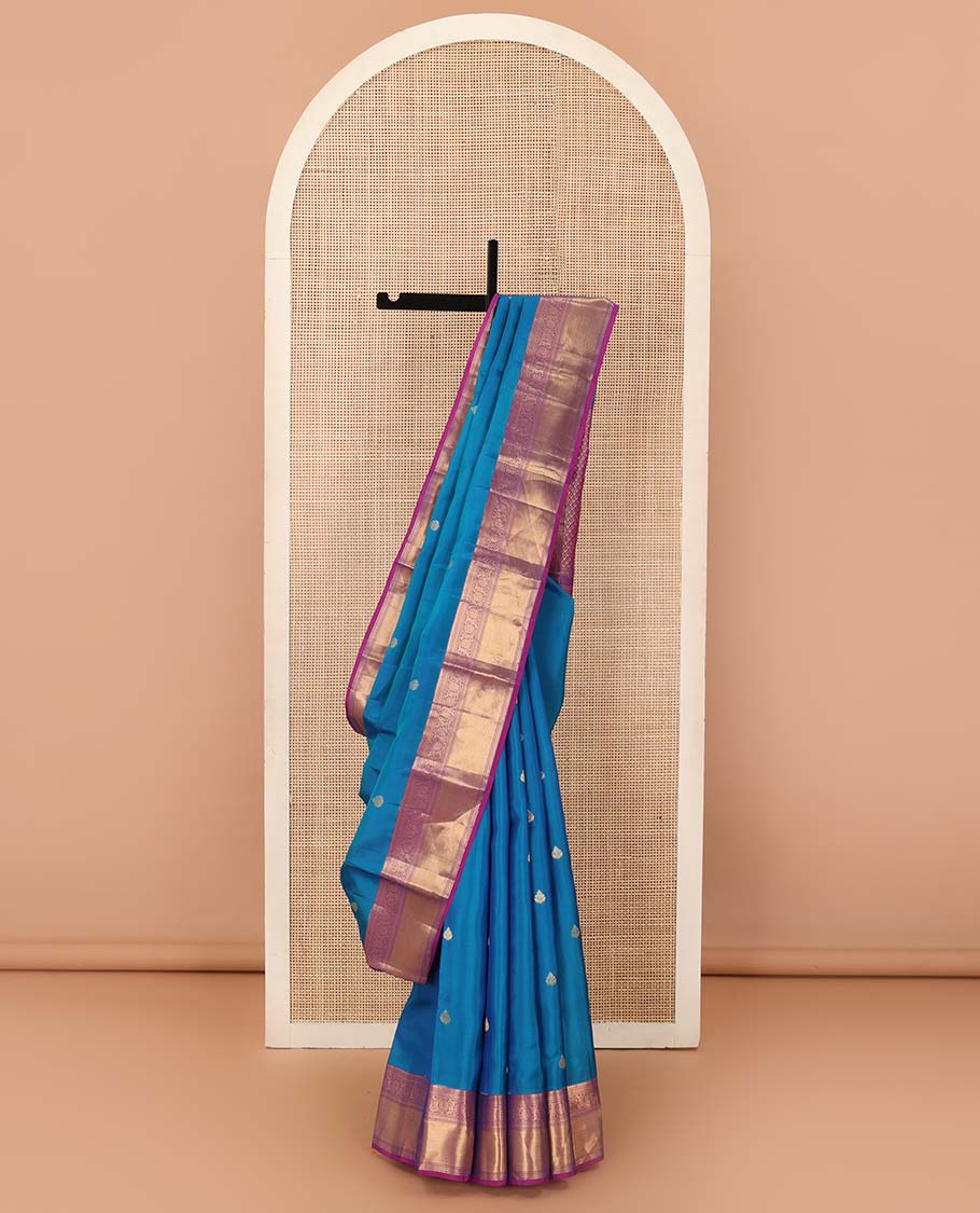 Blue zari buttas Vasundhara silk mix saree, contrast border of salangai, kathir, kodi visiry, and diagonal stripes, and jaal pallu