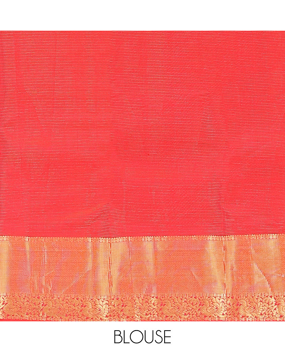 Red Vasundhara Lite Silk Mix Saree, Subtly Sparkled with Zari Buttas and Stripes on Its Body, Highlighted by Zari Border of Rekku, Muthu, and Mayil Designs, Grand Jaal Pallu, and Paired with a Matching Blouse