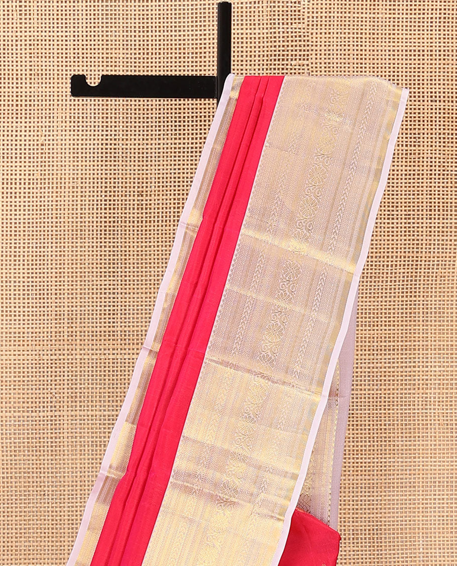 Red Vasundhara Lite Silk Mix Saree, Beautifully Bedecked with Zari Buttas on Its Body, Complemented by Contrast Border of Rekku, Neli, Muthu, Kathir, Mayil Kann, and Kodi Visiry Designs, Elegantly Highlighted Pallu, and Paired with a Contrast Blouse