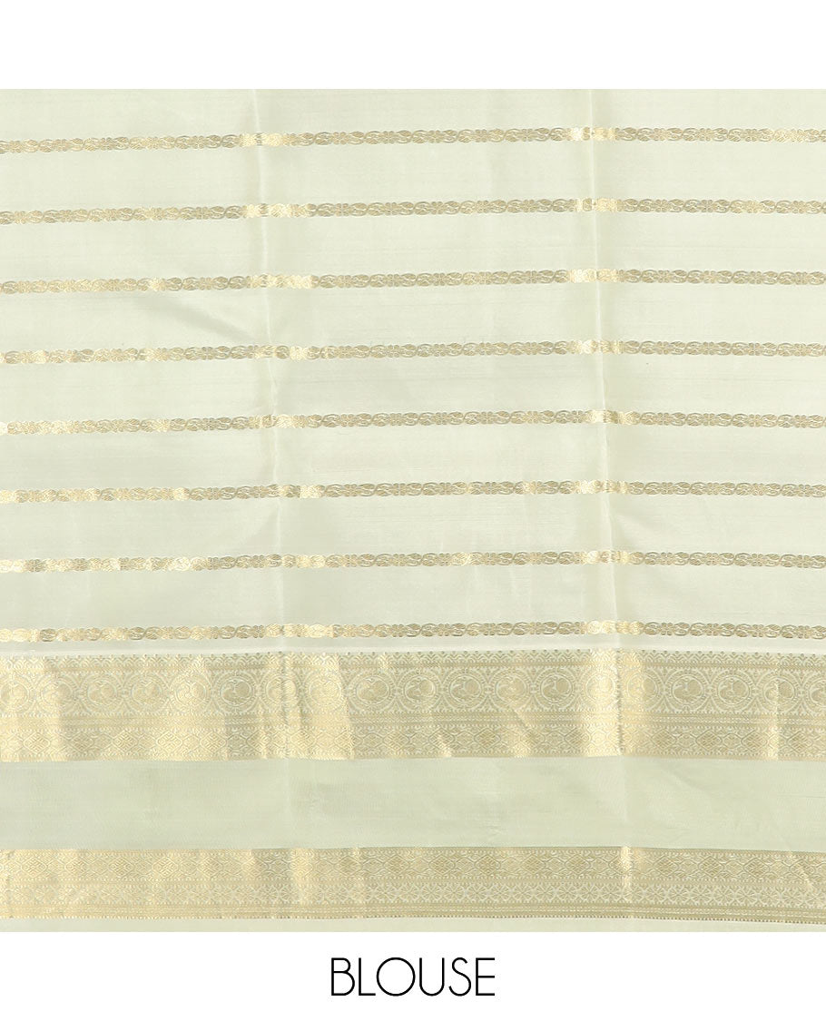 Pink zari design silk saree with contrast rettai pettu border of round mayil, muthu, neli, and diamond designs, and intricate pallu