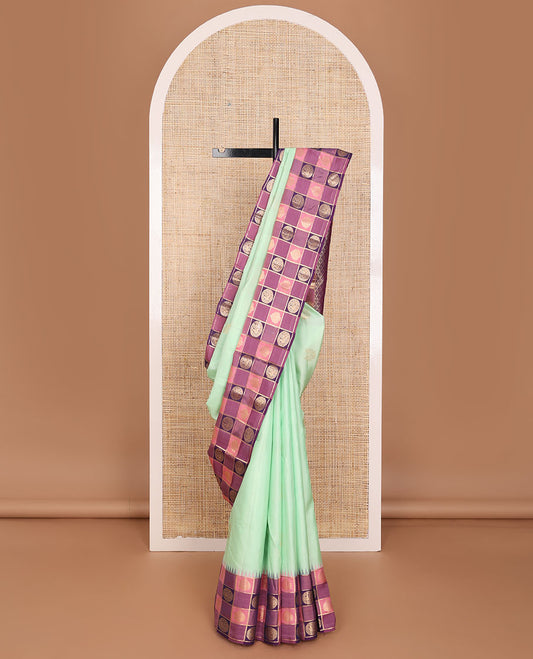 Green zari buttas silk saree, contrast multi-color checked border of zari motifs & zari-rich grand jaal pallu
