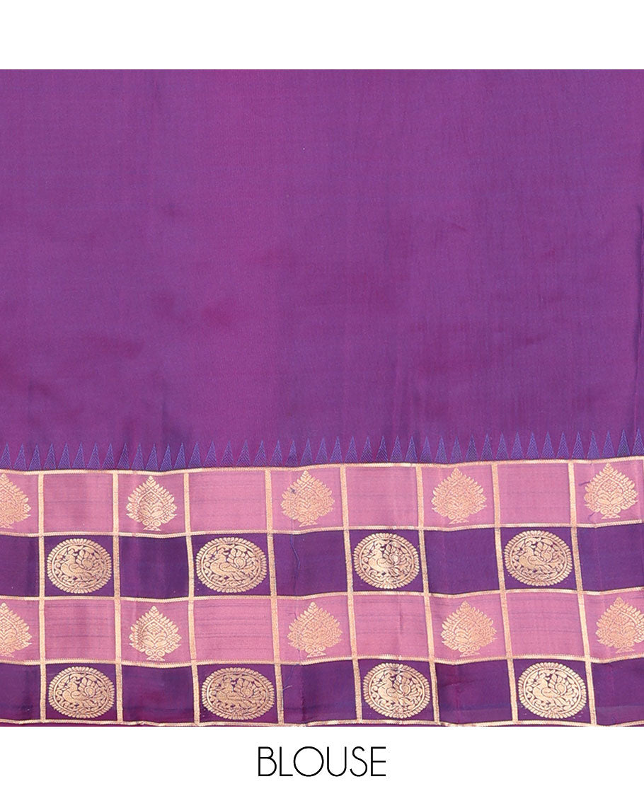 Green zari buttas silk saree, contrast multi-color checked border of zari motifs & zari-rich grand jaal pallu