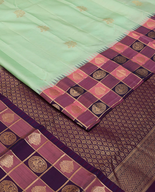 Green zari buttas silk saree, contrast multi-color checked border of zari motifs & zari-rich grand jaal pallu