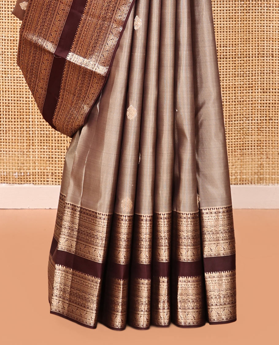 Grey Vasundhara Silk Saree, Sparsely Woven with Zari Buttas, Complemented by a Contrast Rettai Pettu Traditional Zari Border, Jaal Pallu, and a Contrast Blouse