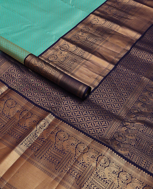 Blue zari buttas kanchipuram wedding silk saree, contrast zari border of thilakam,muthu, manga & mayil designs & flower buttas enclosed argyle design