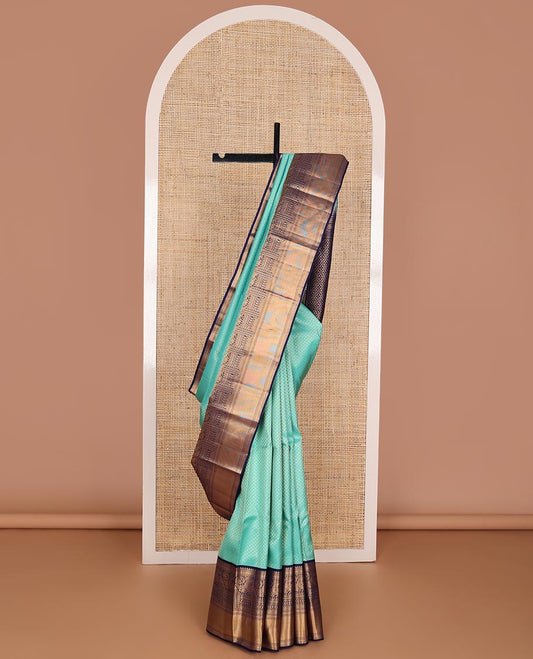 Blue zari buttas kanchipuram wedding silk saree, contrast zari border of thilakam,muthu, manga & mayil designs & flower buttas enclosed argyle design