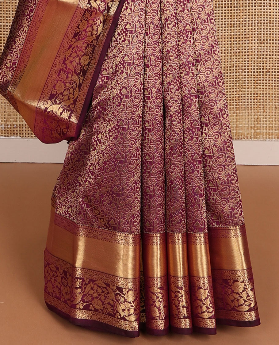 Maroon jacquard wedding silk saree, traditional zari border & pallu of jaal design weave