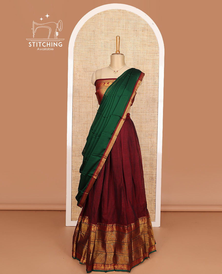 Maroon cotton half-saree, plain with contrast traditional zari bordered skirt, matching blouse, and contrast zari border dhavani