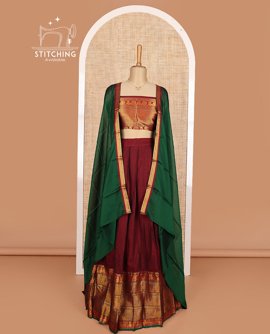 Maroon cotton half-saree, plain with contrast traditional zari bordered skirt, matching blouse, and contrast zari border dhavani