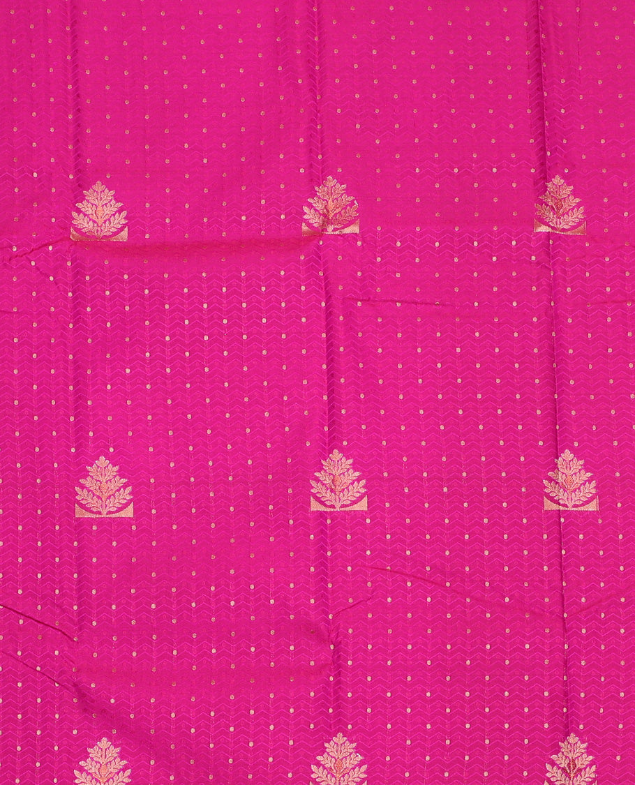 Magenta art silk pavadai set, embossed, zari design with contrast traditional zari bordered skirt and a contrast zari design blouse