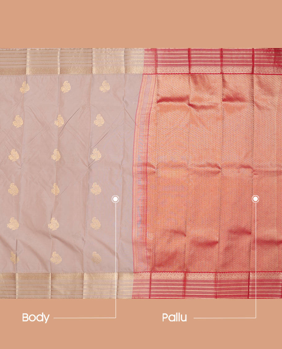 Grey Budget Silk Saree Featuring Zari Buttas, Subtly Sparked with Traditional Zari-Design Border, Captivated with Contrast Intricately Designed Pallu, and Paired with a Contrast Blouse