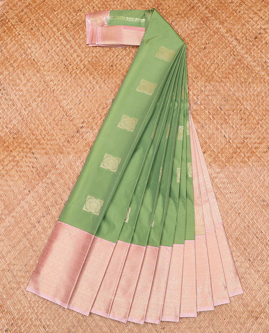 Green Budget Silk Saree Adorned with Square-Shaped Zari Buttas, Complemented by a Contrast Traditional Zari Design Woven Border, Pallu Steeped with Geometric Zari Designs, and Paired with a Contrast Blouse