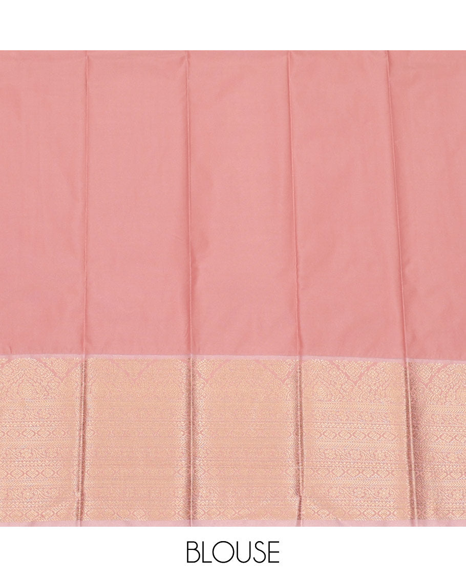 Green Budget Silk Saree Adorned with Square-Shaped Zari Buttas, Complemented by a Contrast Traditional Zari Design Woven Border, Pallu Steeped with Geometric Zari Designs, and Paired with a Contrast Blouse