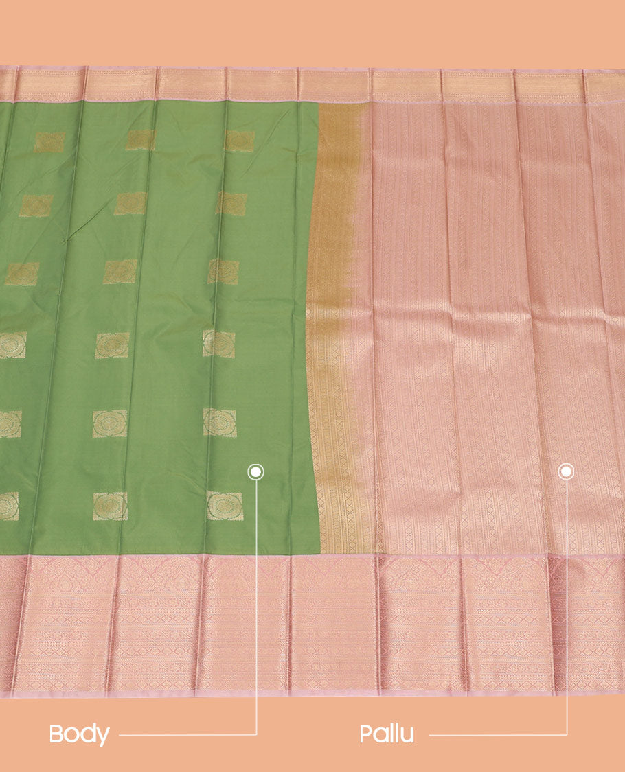 Green Budget Silk Saree Adorned with Square-Shaped Zari Buttas, Complemented by a Contrast Traditional Zari Design Woven Border, Pallu Steeped with Geometric Zari Designs, and Paired with a Contrast Blouse