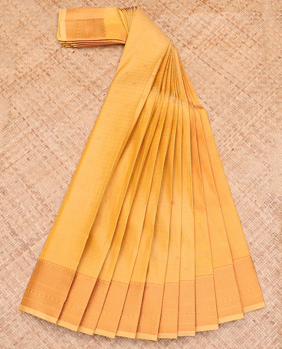 Sandal Budget Silk Saree, Sparsely Woven with Zari Buttas and Checks All Over Its Body, Highlighted by a Traditional Zari Design Border, Sparsely Woven Pallu, and Paired with a Matching Blouse