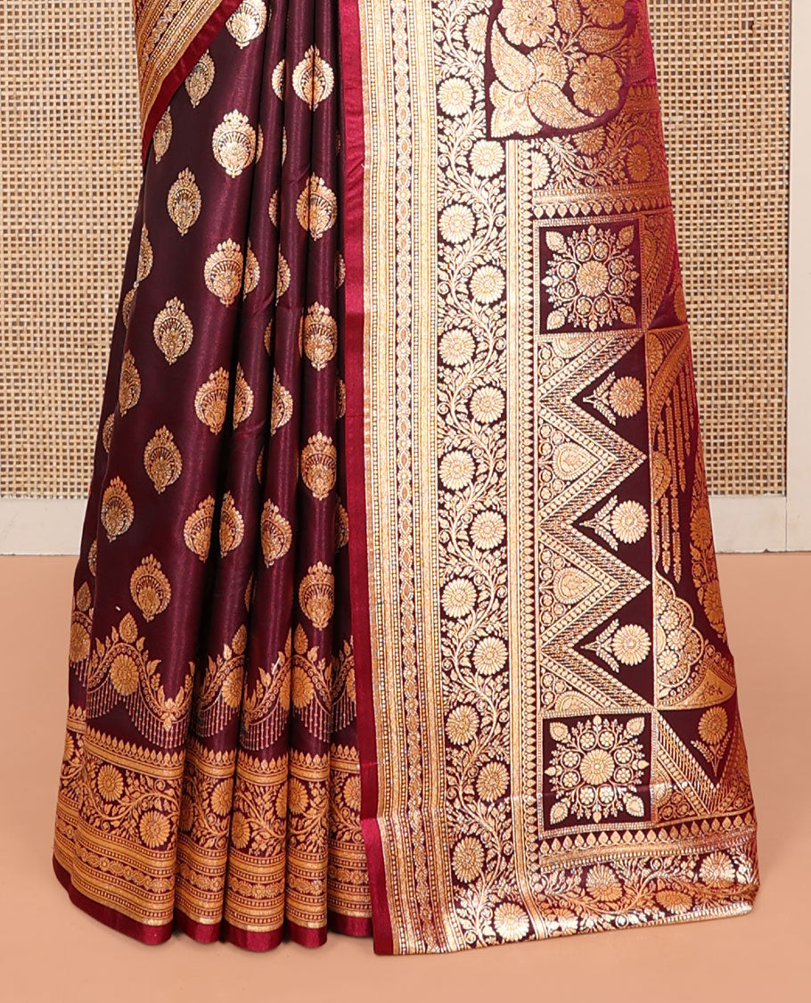 Maroon Banarasi Nylon Saree, Embellished with Buttas, Floral Creeper Zari Border, Intricate Pallu, and a Matching Blouse