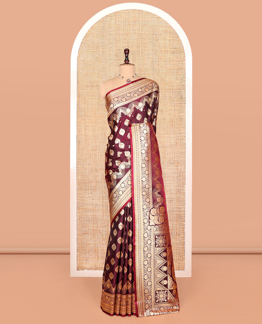 Maroon Banarasi Nylon Saree, Embellished with Buttas, Floral Creeper Zari Border, Intricate Pallu, and a Matching Blouse
