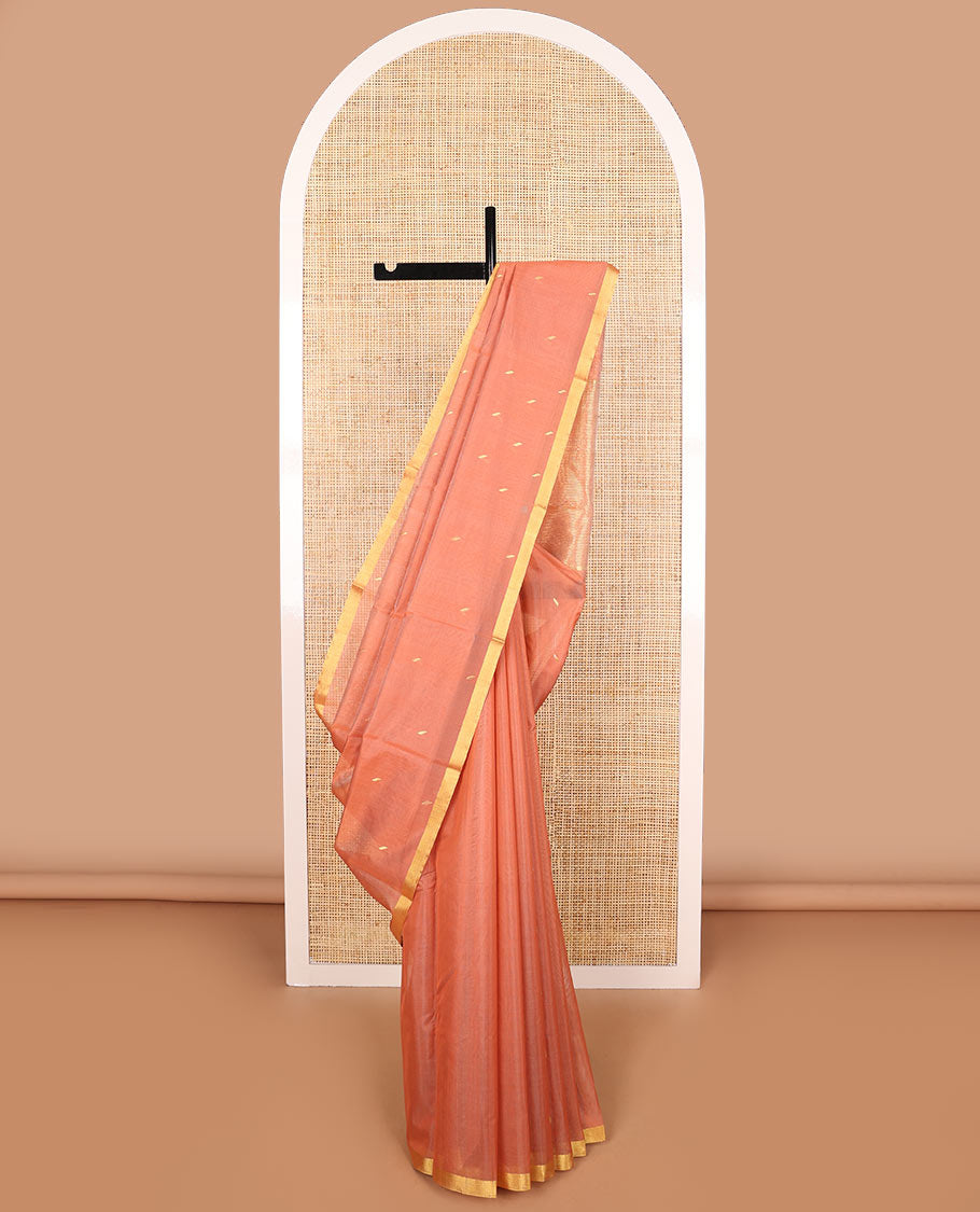 Orange motifs chanderi cotton saree with contrast zari border & striped pallu