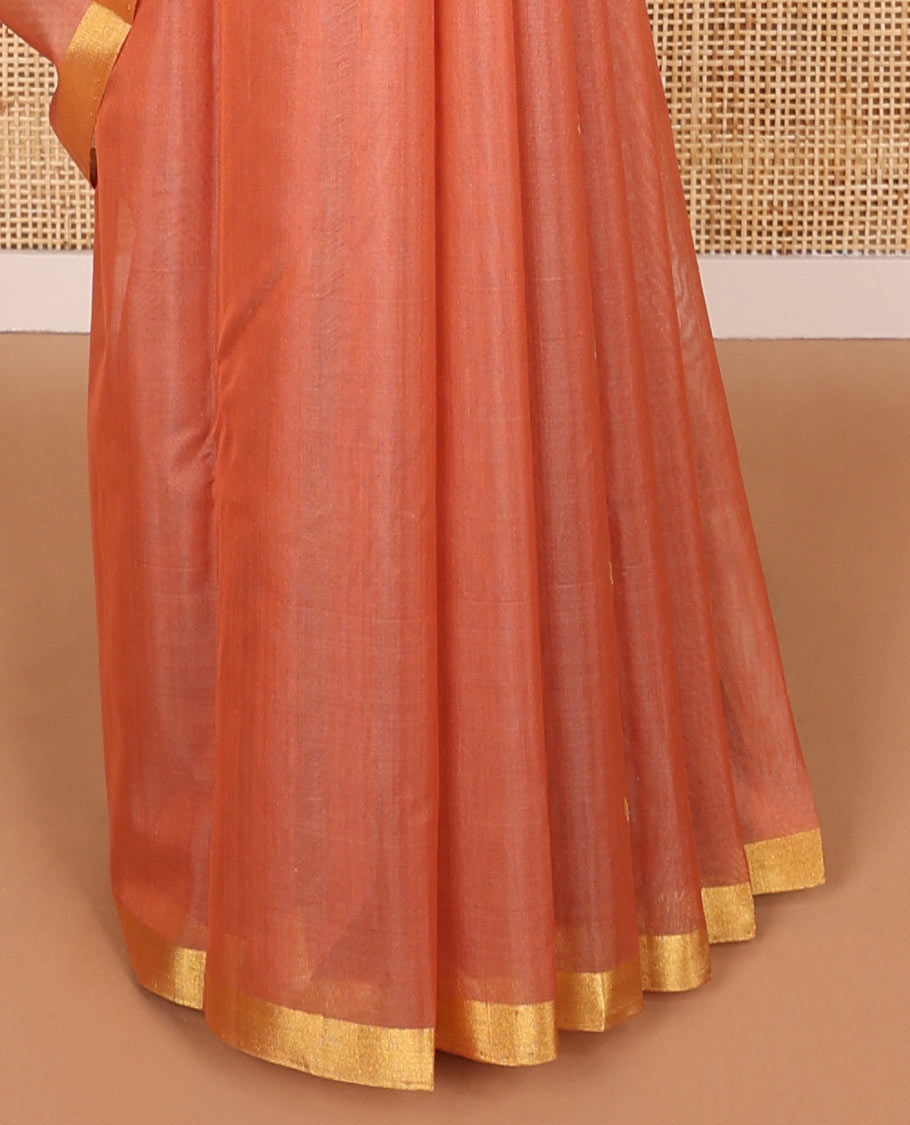 Orange motifs chanderi cotton saree with contrast zari border & striped pallu