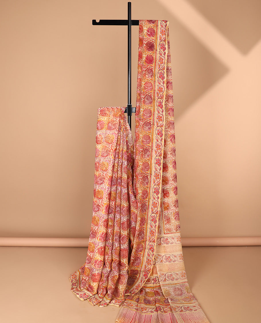 Multi-color floral printed semi-crepe saree, floral creeper printed border & pallu