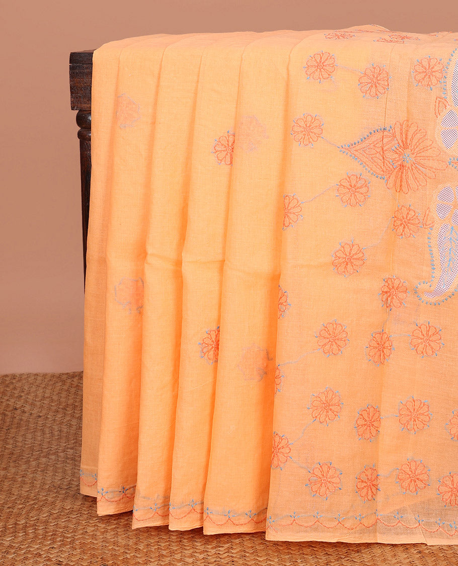 Orange Lucknowi Chikankari Cotton Saree, Subtly Sparkled with Floral Motifs Embroidery on Its Body, Subtle Embroidery Border, Pallu of Floral-Paisley Embroidery, and Comes Without a Blouse