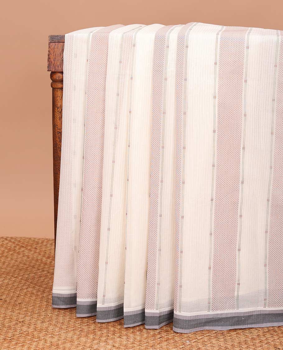 Cream geometric patterned Coimbatore cotton saree, contrast thread border, and pallu of floral designs