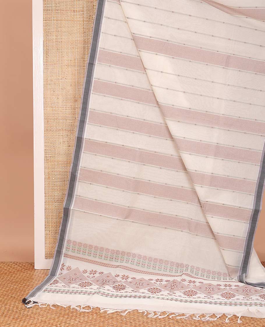 Cream geometric patterned Coimbatore cotton saree, contrast thread border, and pallu of floral designs