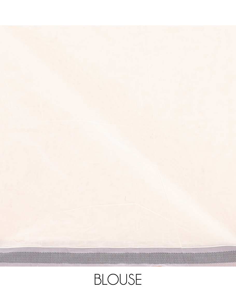 Cream geometric patterned Coimbatore cotton saree, contrast thread border, and pallu of floral designs