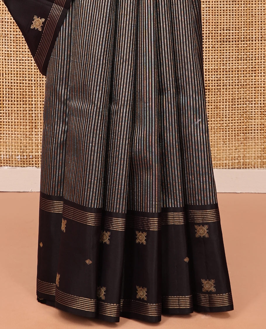 Dark Brown Vasundhara Silk Saree, Elevated with Zari Stripes, Highlighted by a Unique Zari Design Border, Jaal Pallu, and a Matching Blouse