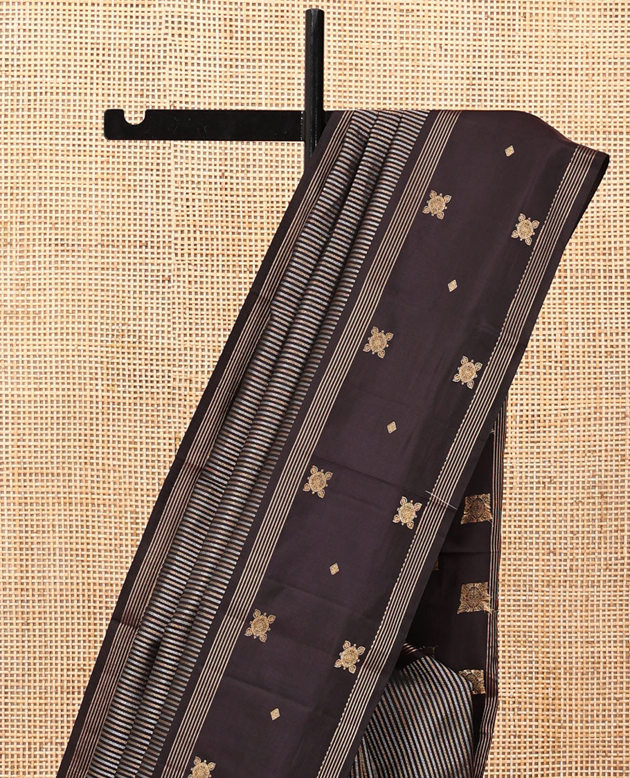 Dark Brown Vasundhara Silk Saree, Elevated with Zari Stripes, Highlighted by a Unique Zari Design Border, Jaal Pallu, and a Matching Blouse