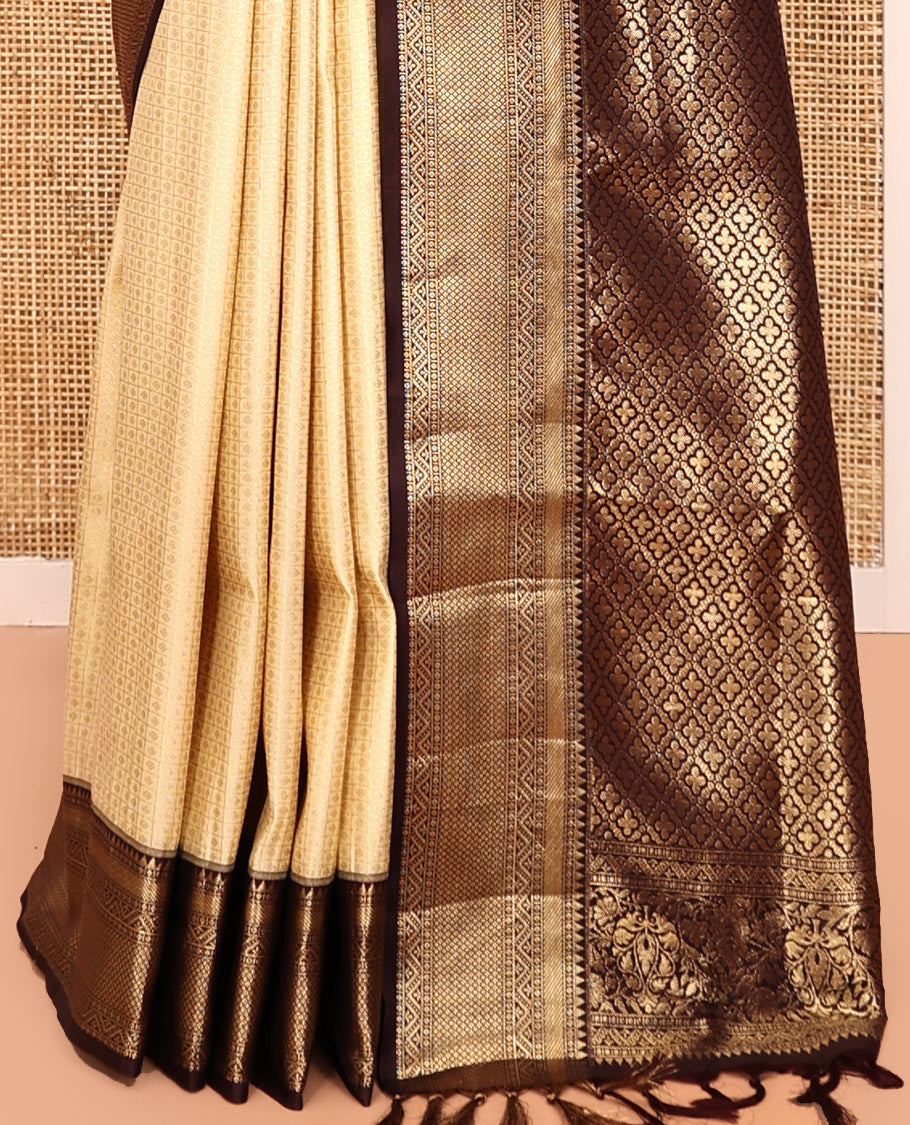 Off-White-Coffee Brown Budget Silk Saree Features Zari Designs, Contrast Border, Pallu, and Contrast Blouse